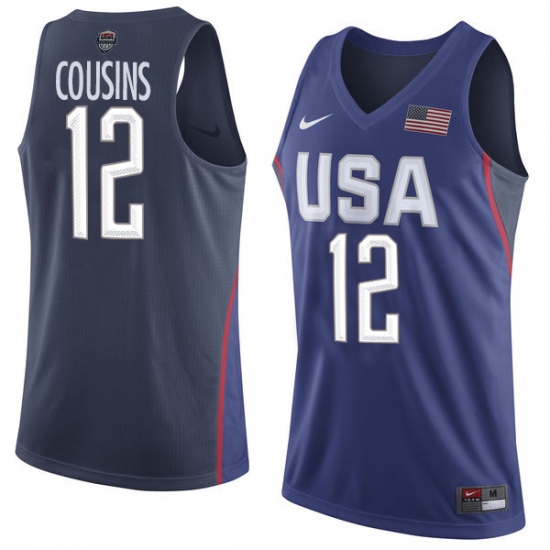 Men's Nike Team USA 12 DeMarcus Cousins Authentic Navy Blue 2016 Olympic Basketball Jersey