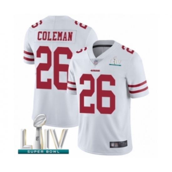 Youth San Francisco 49ers 26 Tevin Coleman White Vapor Untouchable Limited Player Super Bowl LIV Bound Football Jersey