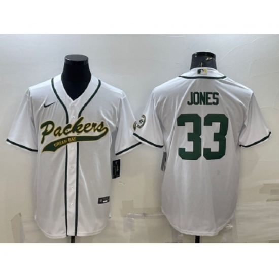 Men's Green Bay Packers 33 Aaron Jones White With Patch Cool Base Stitched Baseball Jersey