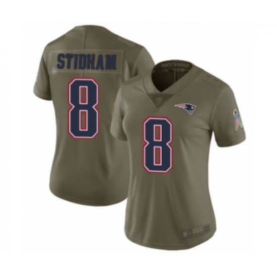 Women's New England Patriots 8 Jarrett Stidham Limited Olive 2017 Salute to Service Football Jersey