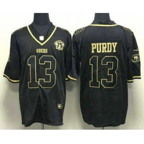 Men's San Francisco 49ers 13 Brock Purdy Black Gold With 75th Anniversary Stitched Jersey