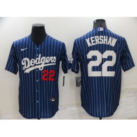 Men's Los Angeles Dodgers 22 Clayton Kershaw Navy Blue Pinstripe Stitched MLB Cool Base Nike Jersey