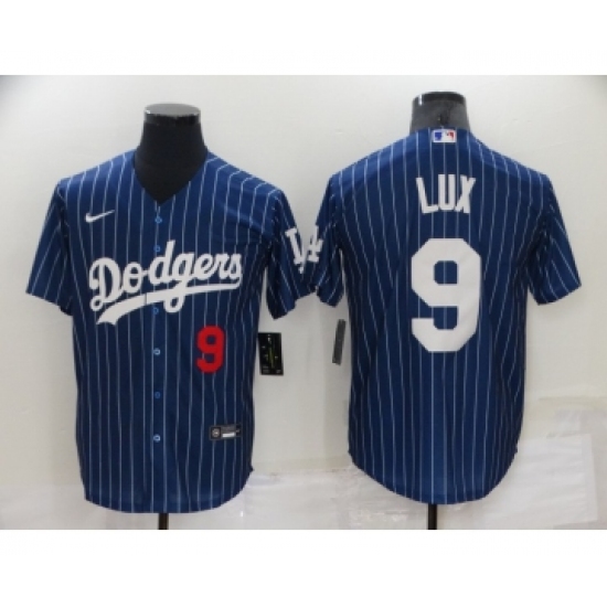 Men's Los Angeles Dodgers 9 Gavin Lux Navy Blue Pinstripe Stitched MLB Cool Base Nike Jersey