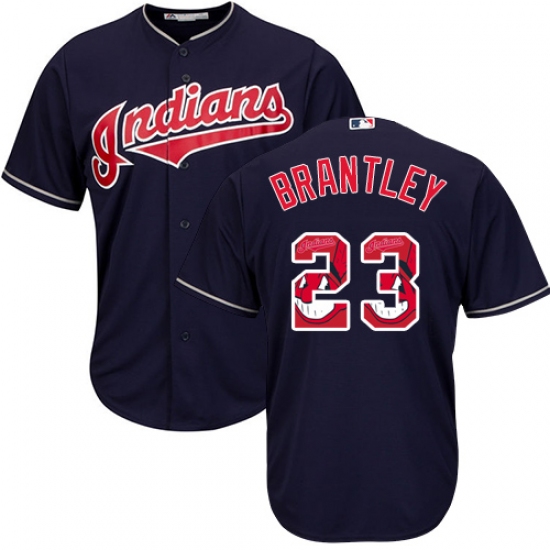 Men's Majestic Cleveland Indians 23 Michael Brantley Authentic Navy Blue Team Logo Fashion Cool Base MLB Jersey