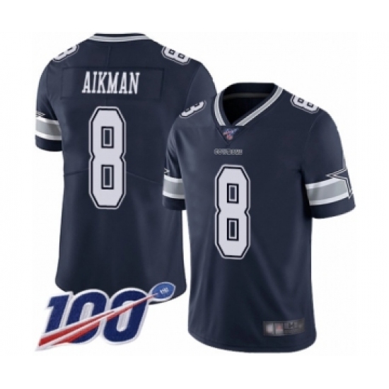 Men's Dallas Cowboys 8 Troy Aikman Navy Blue Team Color Vapor Untouchable Limited Player 100th Season Football Jersey