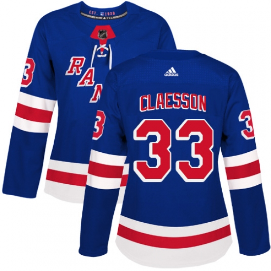 Women's Adidas New York Rangers 33 Fredrik Claesson Premier Royal Blue Home NHL Jersey