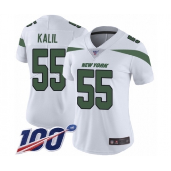 Women's New York Jets 55 Ryan Kalil White Vapor Untouchable Limited Player 100th Season Football Jersey