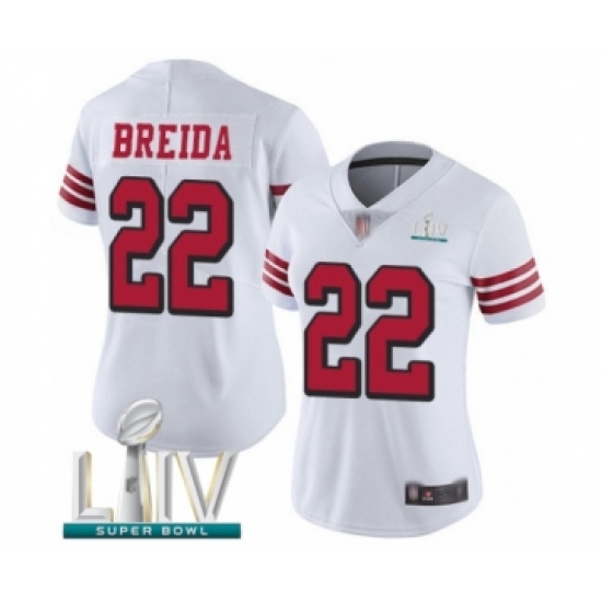 Women's San Francisco 49ers 22 Matt Breida Limited White Rush Vapor Untouchable Super Bowl LIV Bound Football Jersey