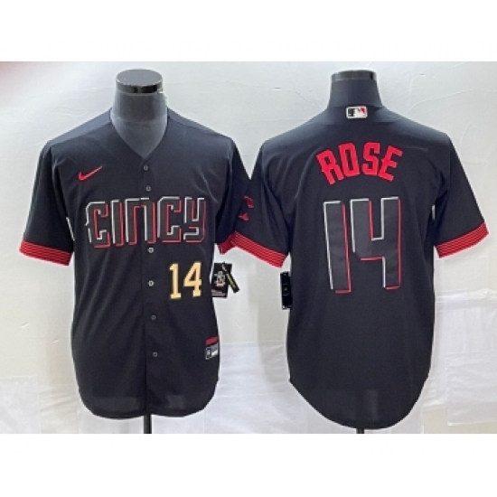 Men's Cincinnati Reds 14 Pete Rose Number Black 2023 City Connect Cool Base Stitched Jersey 1