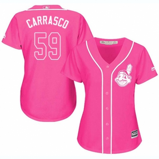 Women's Majestic Cleveland Indians 59 Carlos Carrasco Authentic Pink Fashion Cool Base MLB Jersey