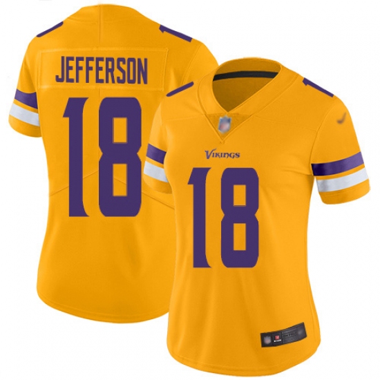 Women's Minnesota Vikings 18 Justin Jefferson Gold Stitched NFL Limited Inverted Legend Jersey