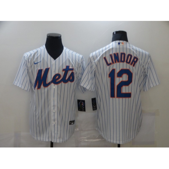 Men's Nike New York Mets 12 Francisco Lindor White stripes Jersey