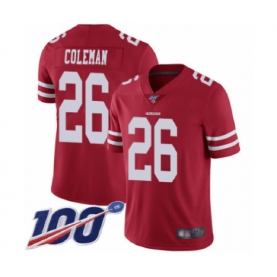 Men's San Francisco 49ers 26 Tevin Coleman Red Team Color Vapor Untouchable Limited Player 100th Season Football Jersey