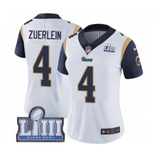 Women's Nike Los Angeles Rams 4 Greg Zuerlein White Vapor Untouchable Limited Player Super Bowl LIII Bound NFL Jersey