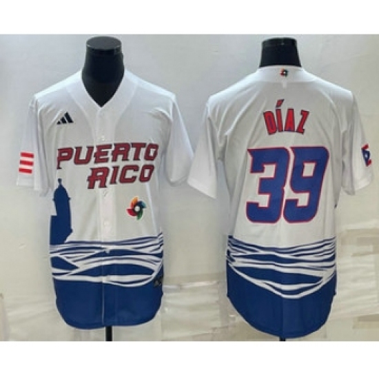 Men's Puerto Rico Baseball 39 Edwin Diaz 2023 White World Baseball Classic Stitched Jerseys