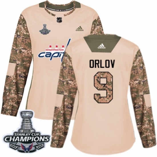 Women's Adidas Washington Capitals 9 Dmitry Orlov Authentic Camo Veterans Day Practice 2018 Stanley Cup Final Champions NHL Jersey