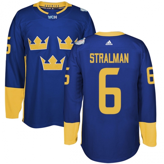 Men's Adidas Team Sweden 6 Anton Stralman Premier Royal Blue Away 2016 World Cup of Hockey Jersey