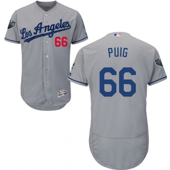 Men's Majestic Los Angeles Dodgers 66 Yasiel Puig Grey Road Flex Base Authentic Collection 2018 World Series MLB Jersey