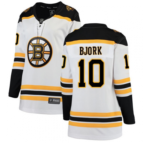 Women's Boston Bruins 10 Anders Bjork Authentic White Away Fanatics Branded Breakaway NHL Jersey