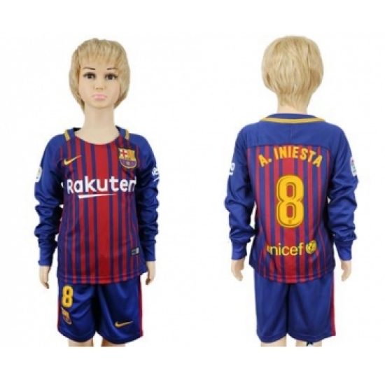 Barcelona 8 A.Iniesta Home Long Sleeves Kid Soccer Club Jersey