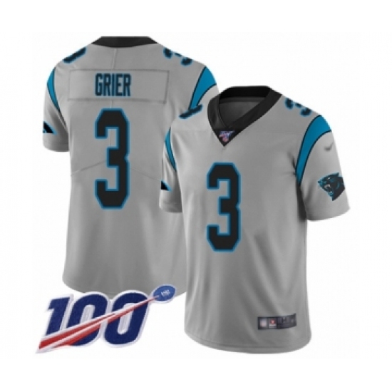 Men's Carolina Panthers 3 Will Grier Silver Inverted Legend Limited 100th Season Football Jersey