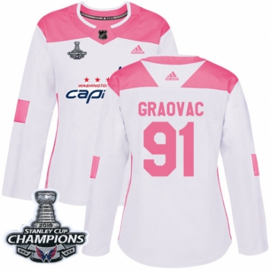 Women's Adidas Washington Capitals 91 Tyler Graovac Authentic White Pink Fashion 2018 Stanley Cup Final Champions NHL Jersey