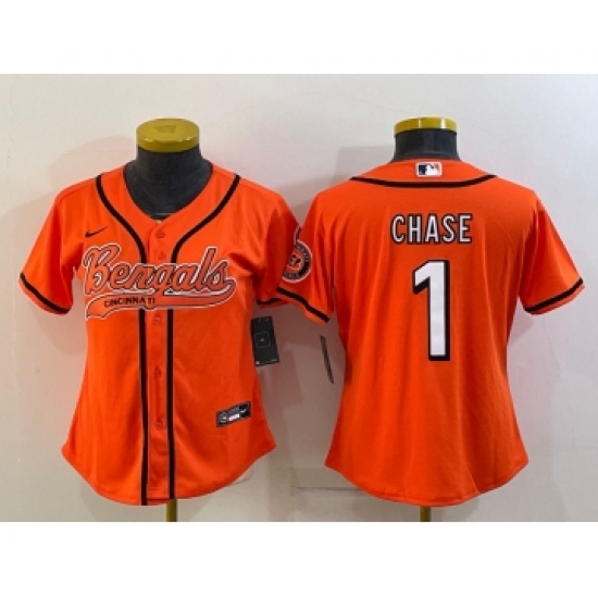 Women's Cincinnati Bengals 1 JaMarr Chase Orange With Patch Cool Base Stitched Baseball Jersey