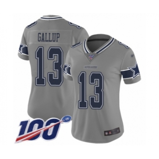 Women's Dallas Cowboys 13 Michael Gallup Limited Gray Inverted Legend 100th Season Football Jersey