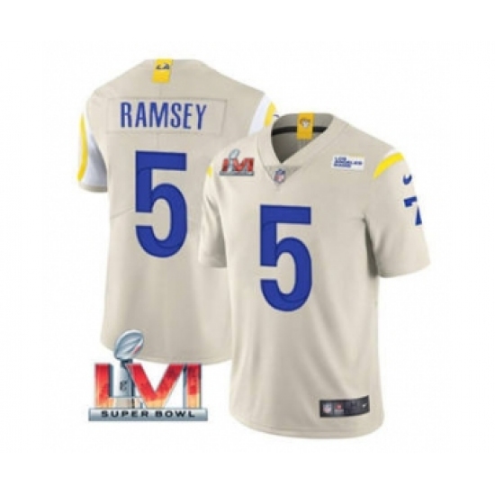 Men's Los Angeles Rams 5 Jalen Ramsey Bone 2022 Super Bowl LVI Vapor Limited Stitched Jersey