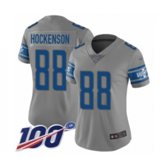 Women's Detroit Lions 88 T.J. Hockenson Limited Gray Inverted Legend 100th Season Football Jersey