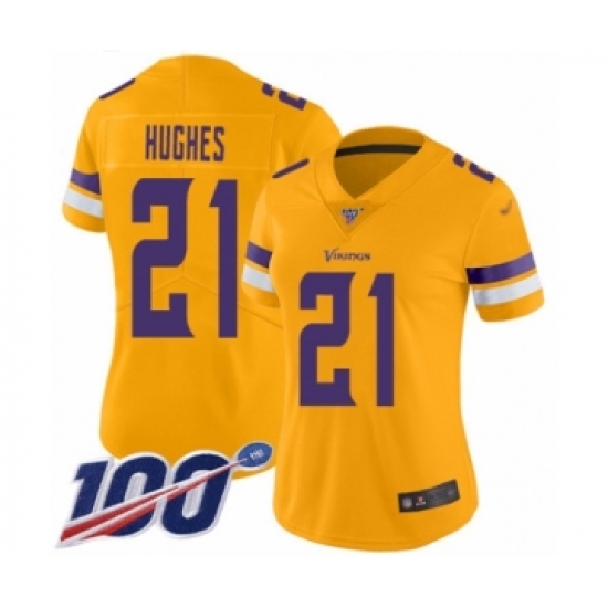 Women's Minnesota Vikings 21 Mike Hughes Limited Gold Inverted Legend 100th Season Football Jersey