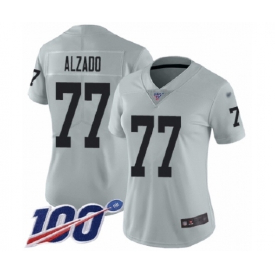 Women's Oakland Raiders 77 Lyle Alzado Limited Silver Inverted Legend 100th Season Football Jersey