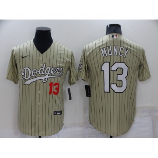 Men's Los Angeles Dodgers 13 Max Muncy Cream Pinstripe Stitched MLB Cool Base Nike Jersey