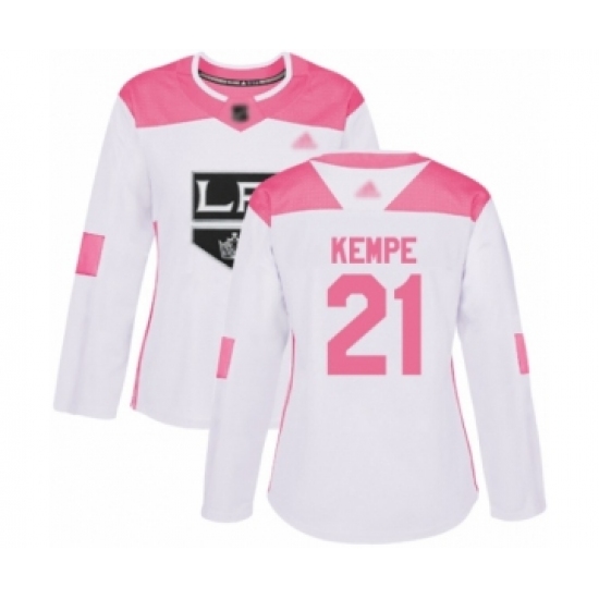 Women's Los Angeles Kings 21 Mario Kempe Authentic White Pink Fashion Hockey Jersey
