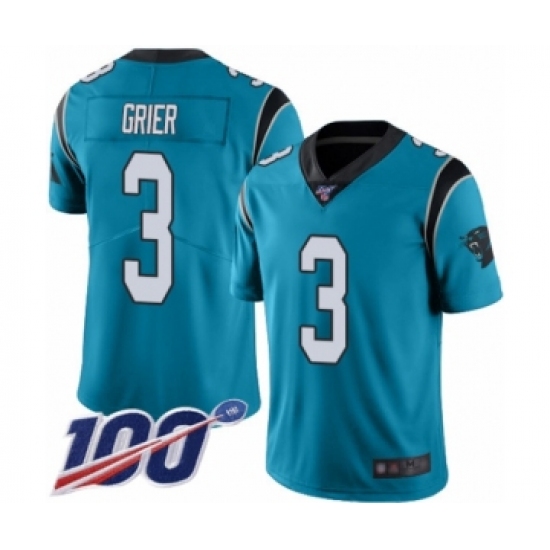 Men's Carolina Panthers 3 Will Grier Blue Alternate Vapor Untouchable Limited Player 100th Season Football Jersey