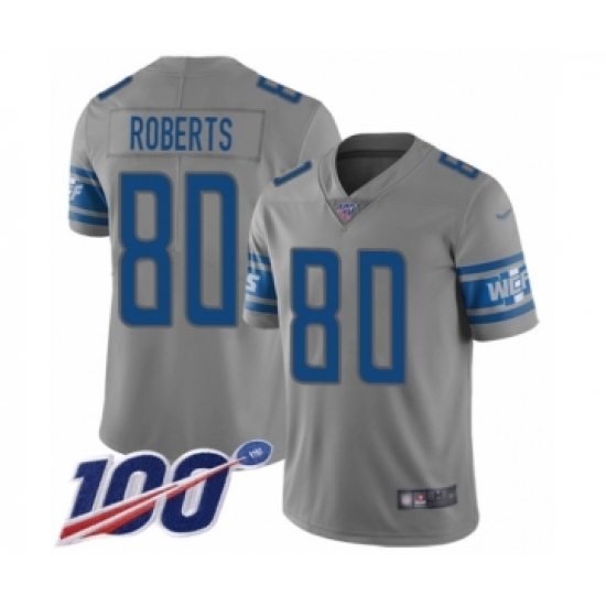 Youth Detroit Lions 80 Michael Roberts Limited Gray Inverted Legend 100th Season Football Jersey