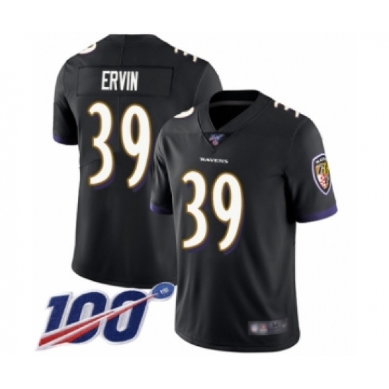 Men's Baltimore Ravens 39 Tyler Ervin Black Alternate Vapor Untouchable Limited Player 100th Season Football Jersey