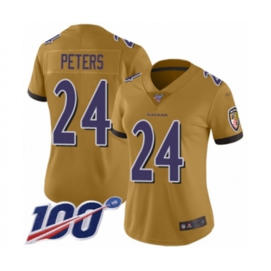 Women's Baltimore Ravens 24 Marcus Peters Limited Gold Inverted Legend 100th Season Football Jersey
