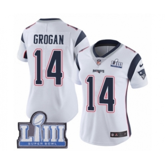 Women's Nike New England Patriots 14 Steve Grogan White Vapor Untouchable Limited Player Super Bowl LIII Bound NFL Jersey