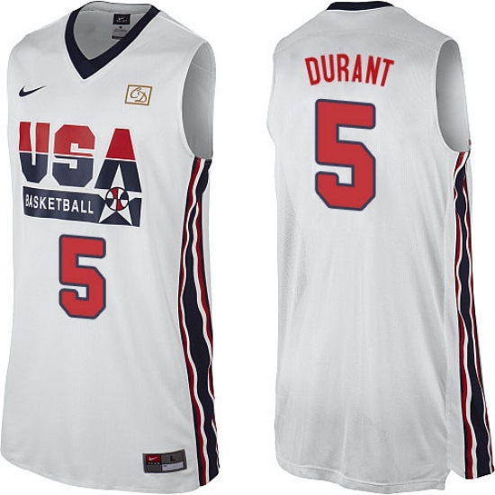 Men's Nike Team USA 5 Kevin Durant Authentic White 2012 Olympic Retro Basketball Jersey