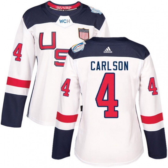 Women's Adidas Team USA 4 John Carlson Authentic White Home 2016 World Cup Hockey Jersey