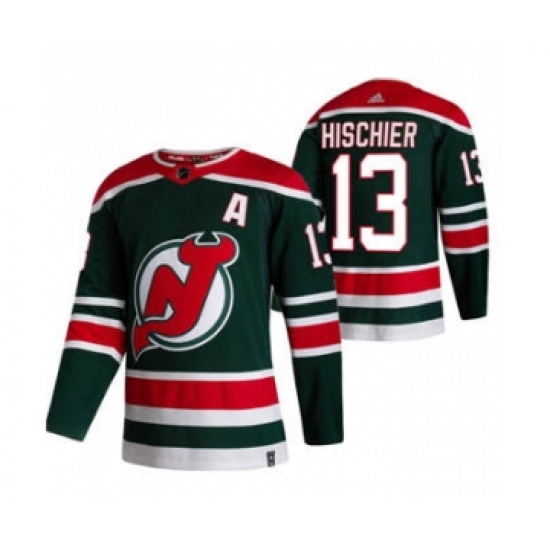 Men's New Jersey Devils 13 Nico Hischier Green 2020-21 Reverse Retro Alternate Hockey Jersey