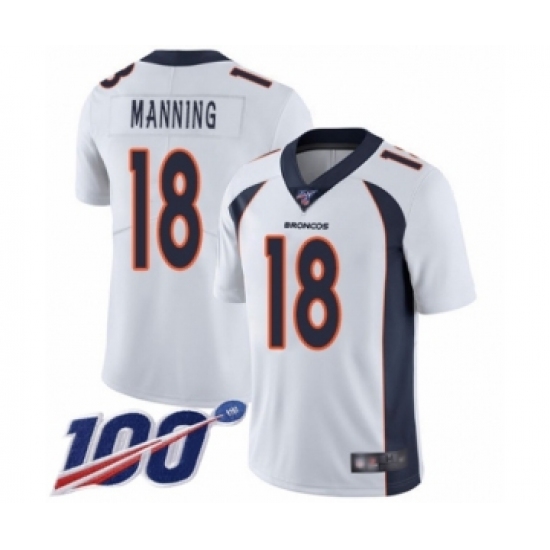 Men's Denver Broncos 18 Peyton Manning White Vapor Untouchable Limited Player 100th Season Football Jersey