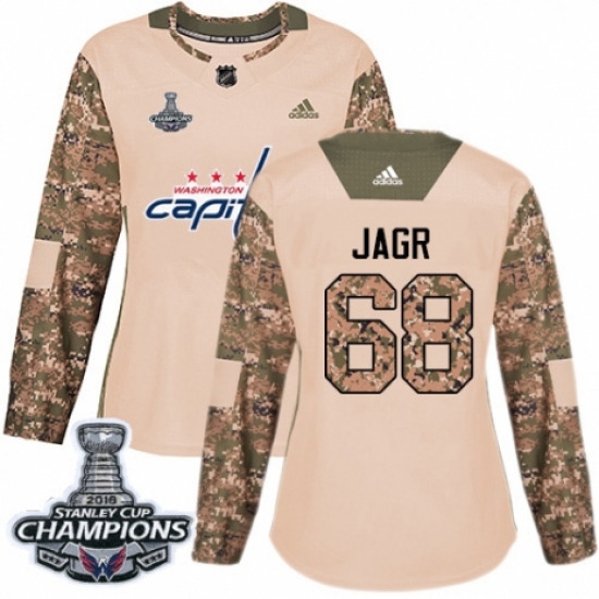 Women's Adidas Washington Capitals 68 Jaromir Jagr Authentic Camo Veterans Day Practice 2018 Stanley Cup Final Champions NHL Jersey
