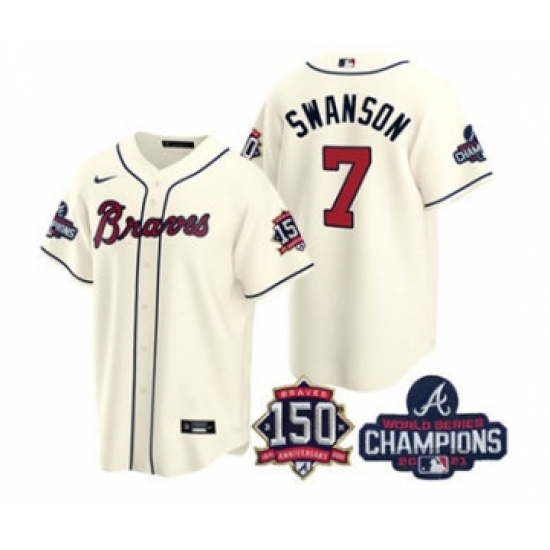 Men's Atlanta Braves 7 Dansby Swanson 2021 Cream World Series Champions With 150th Anniversary Patch Cool Base Stitched Jersey