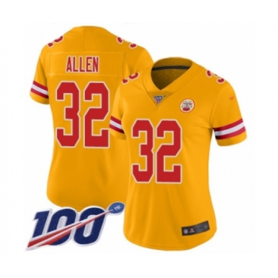 Women's Kansas City Chiefs 32 Marcus Allen Limited Gold Inverted Legend 100th Season Football Jersey
