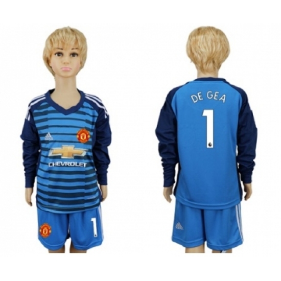 Manchester United 1 De Gea Blue Long Sleeves Kid Soccer Club Jersey