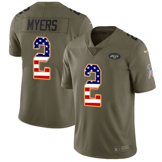 Men's Nike New York Jets 2 Jason Myers Limited Olive USA Flag 2017 Salute to Service NFL Jersey