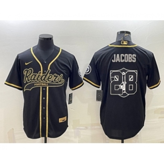 Men's Las Vegas Raiders 28 Josh Jacobs Black Gold Team Big Logo With Patch Cool Base Stitched Baseball Jersey