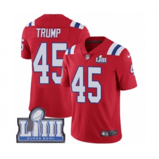 Men's Nike New England Patriots 45 Donald Trump Red Alternate Vapor Untouchable Limited Player Super Bowl LIII Bound NFL Jersey
